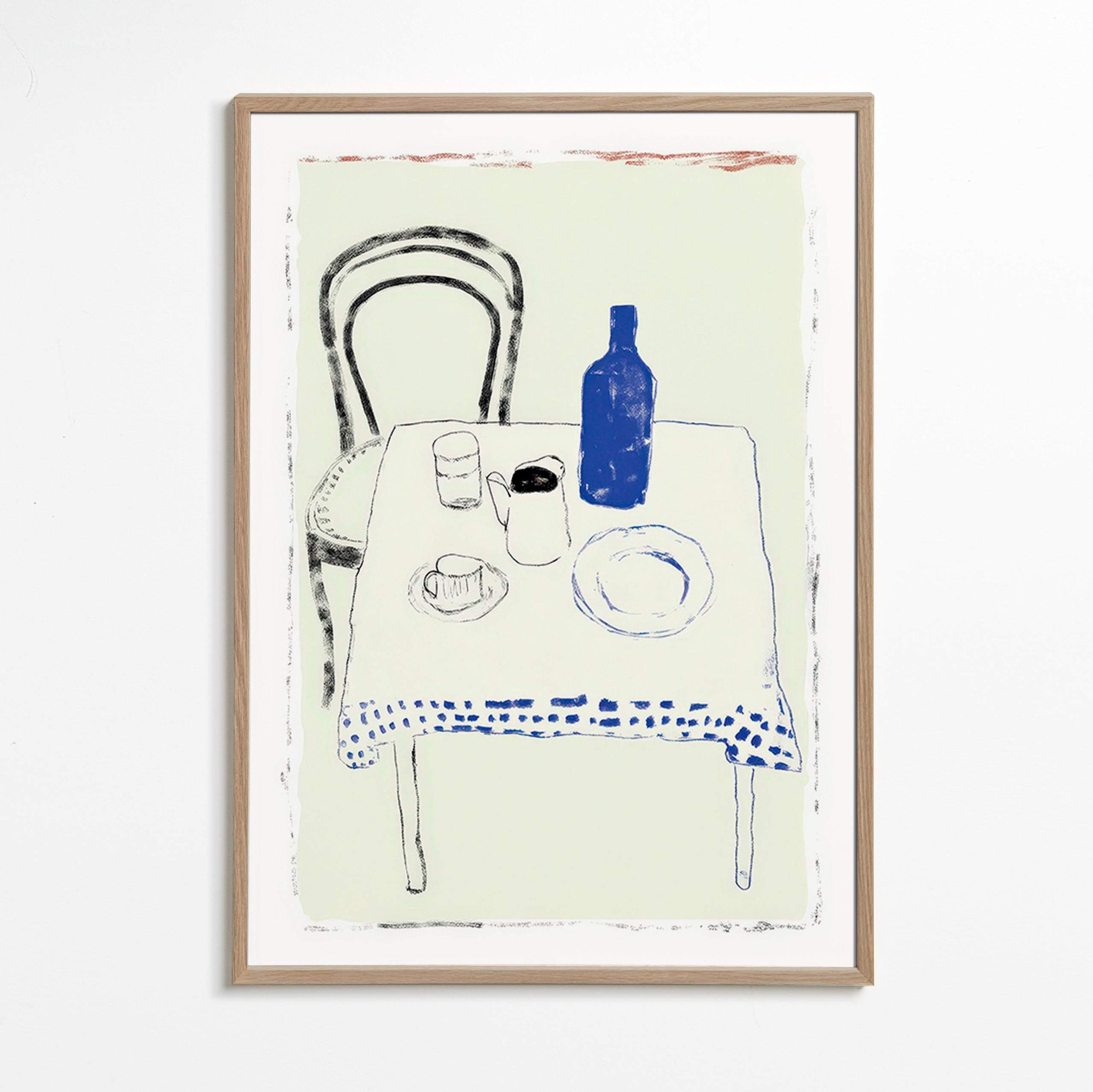 Cuadro de cocina con botella azul y vajilla minimal – Oak Frame
