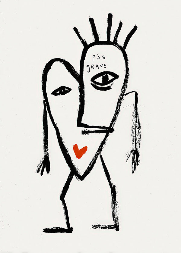 Cuadro abstracto rostro lineal con corazón rojo