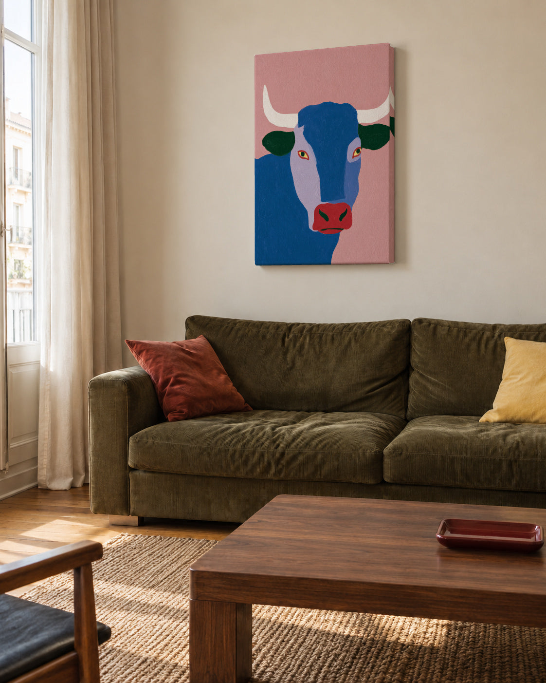 Indigo Bull - Unframed canvas in an interior