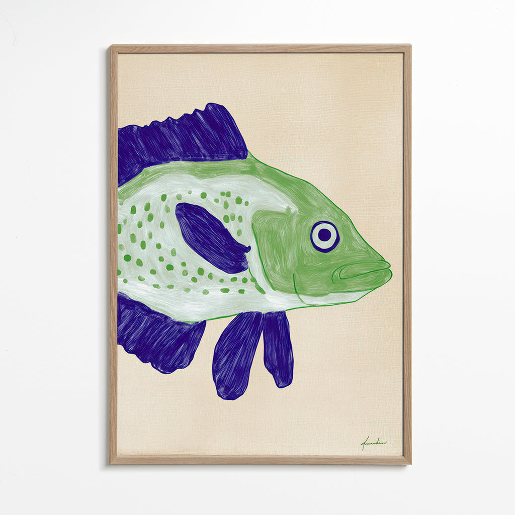 Cuadro pez verde con trazo azul – Oak Frame