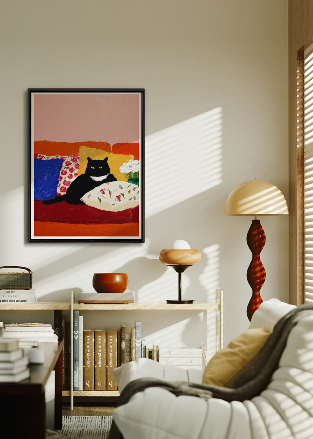 Artwork black cat on colorful sofa