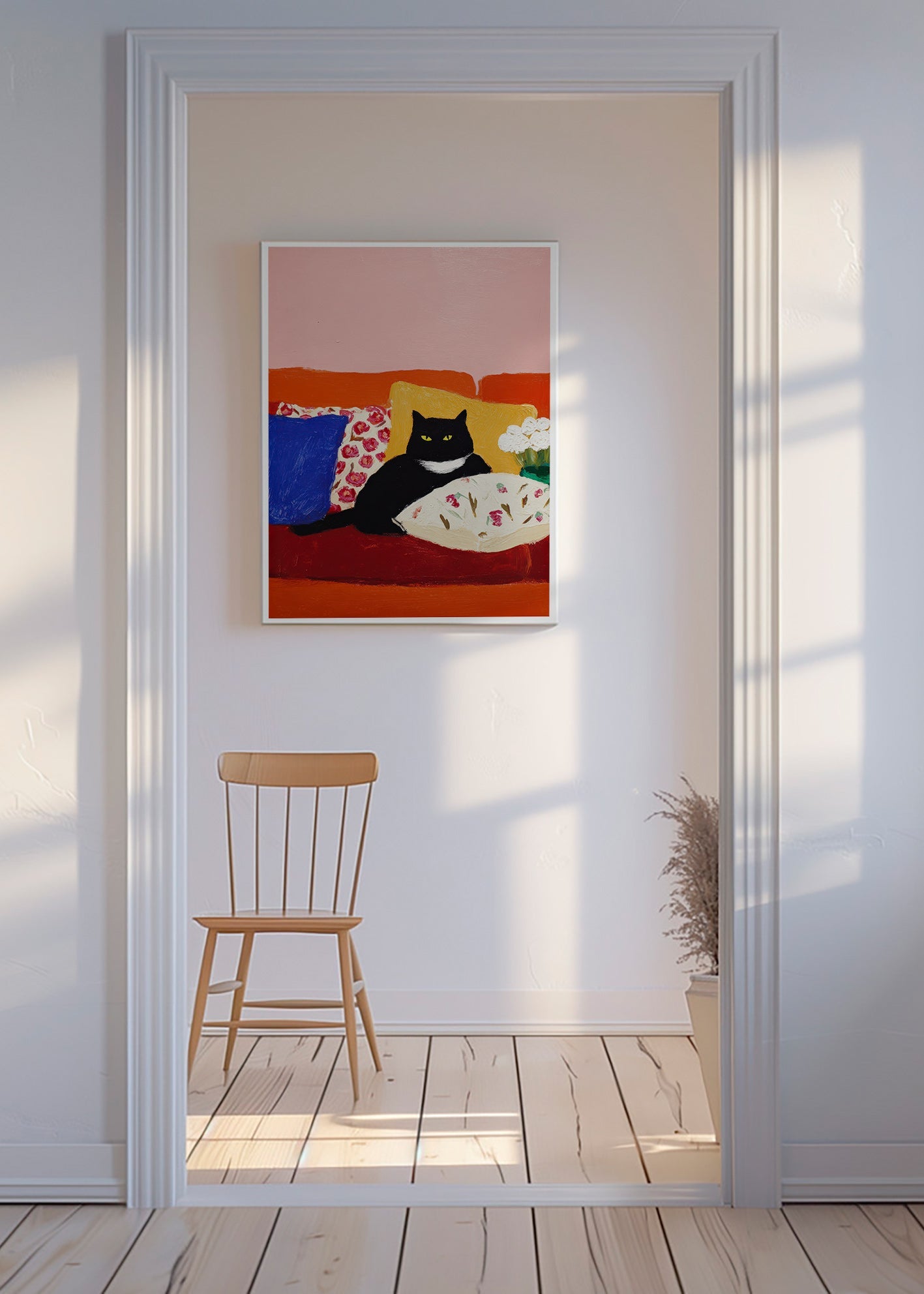 Artwork black cat on colorful sofa