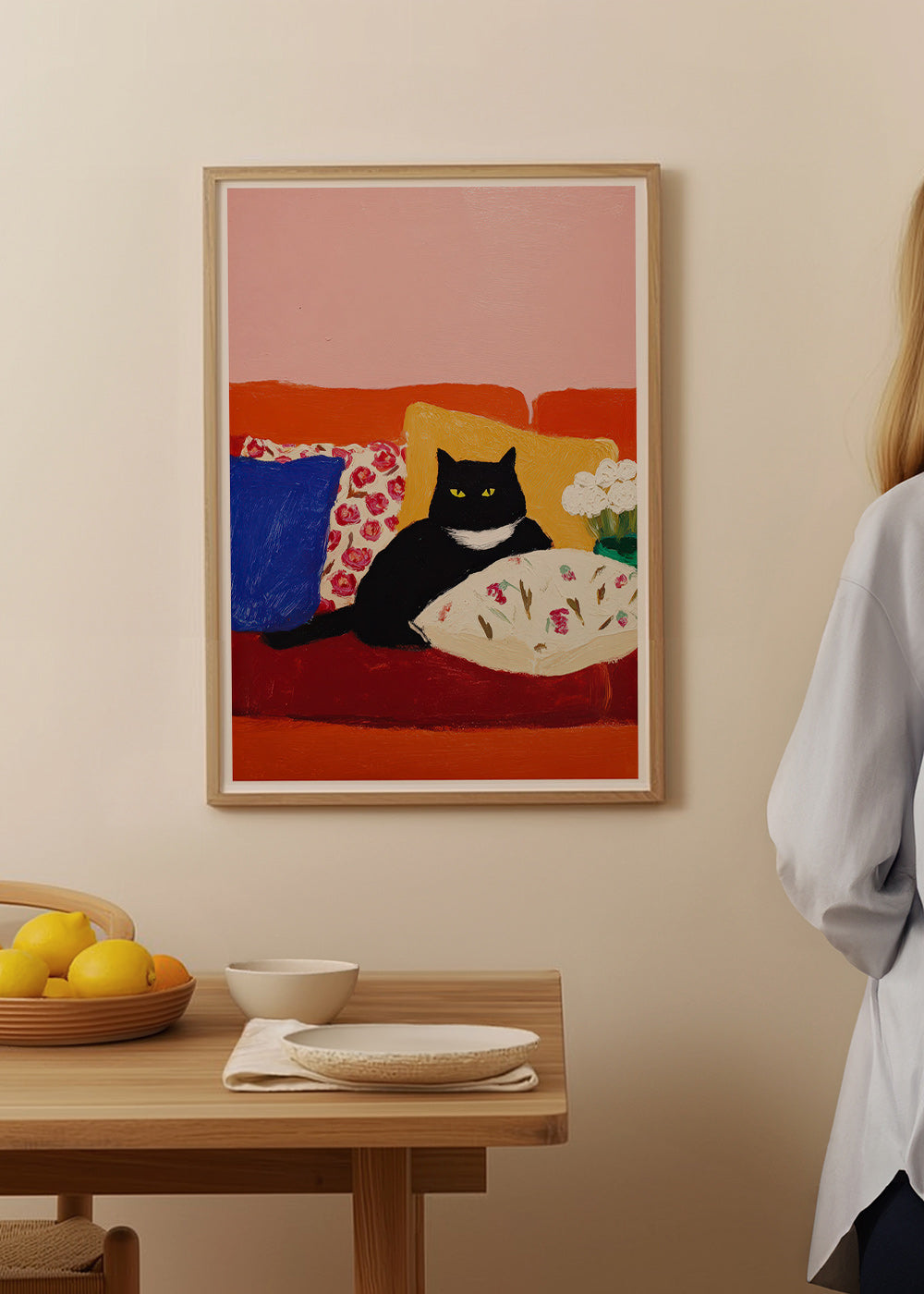 Artwork black cat on colorful sofa