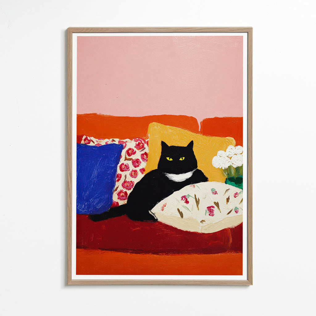 Artwork black cat on colorful sofa