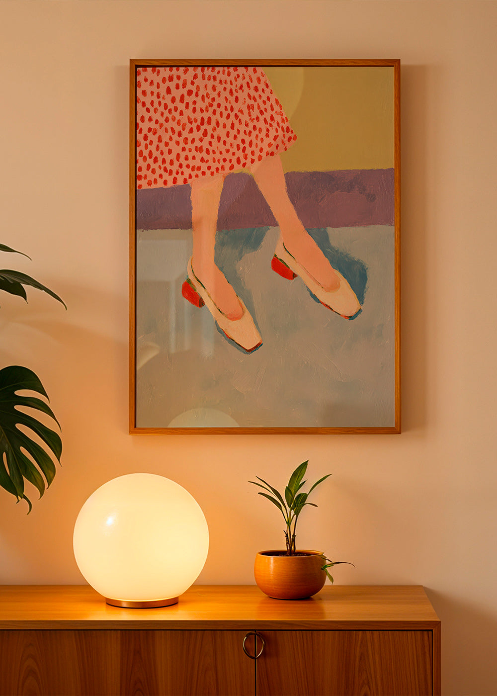 Red shoes illustration with patterned skirt