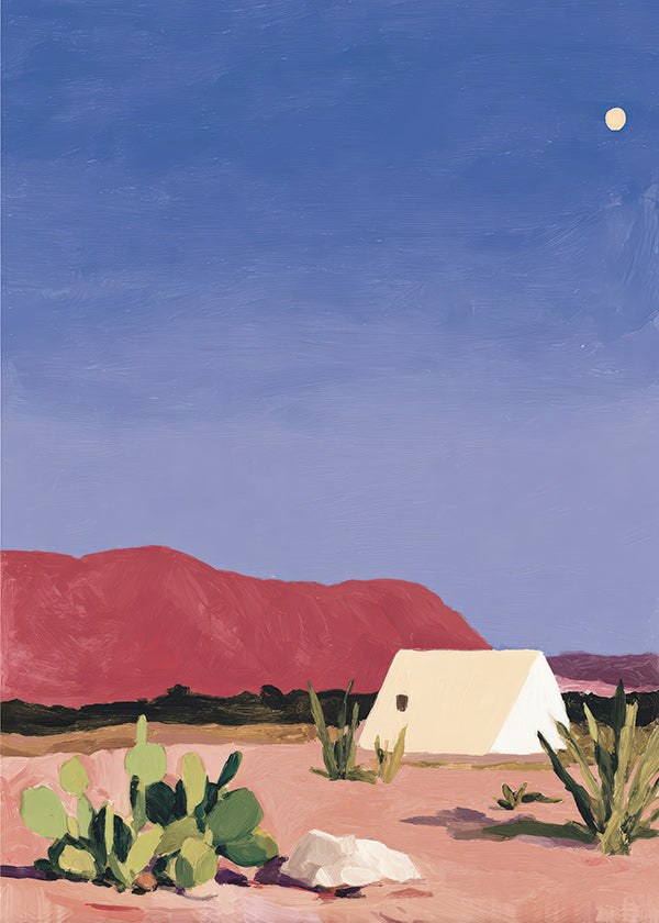 Cuadro de paisaje: desierto con tienda y cactus