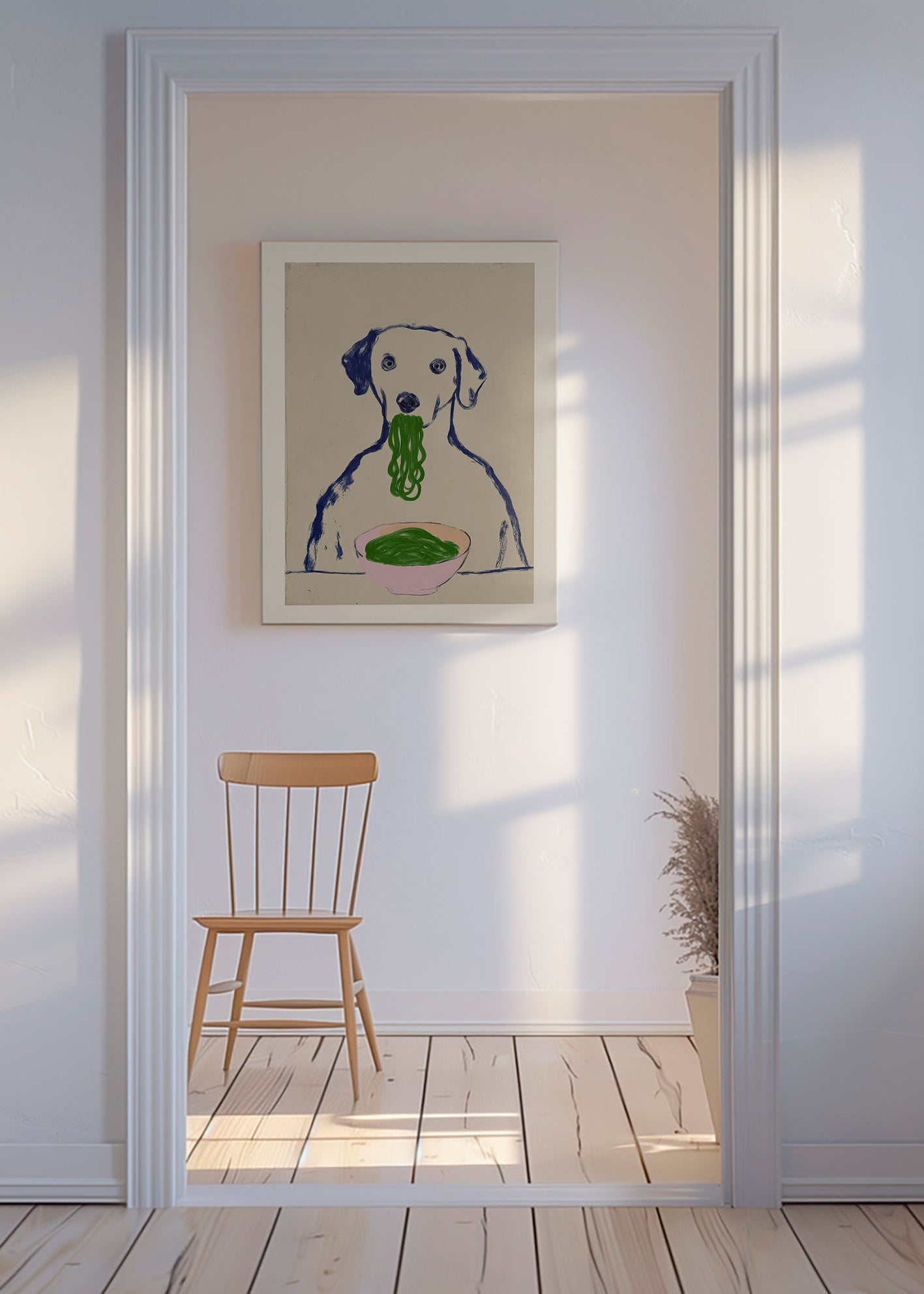 Kitchen art: dog with noodles
