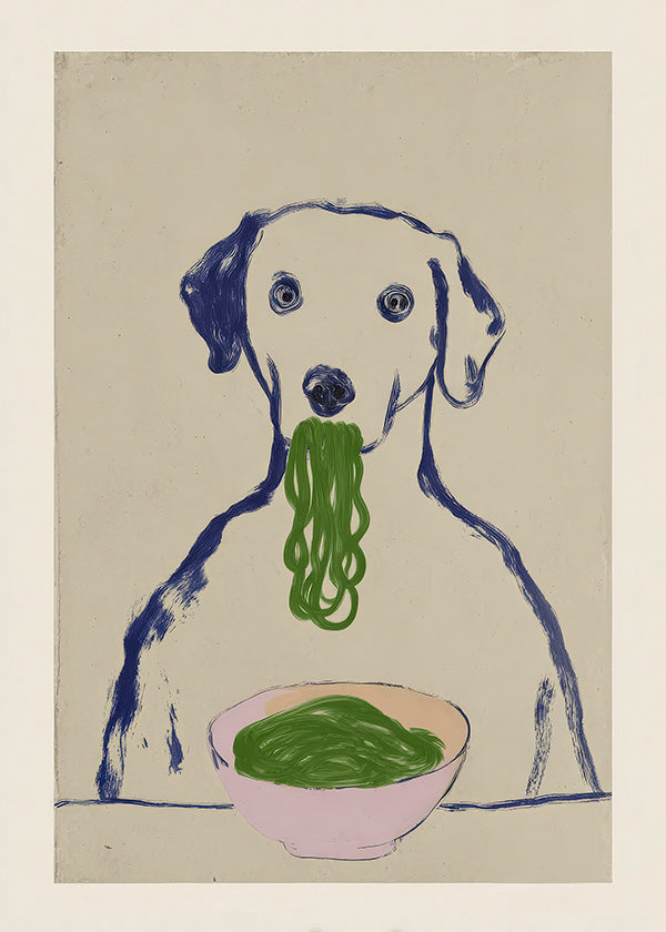Kitchen art: dog with noodles