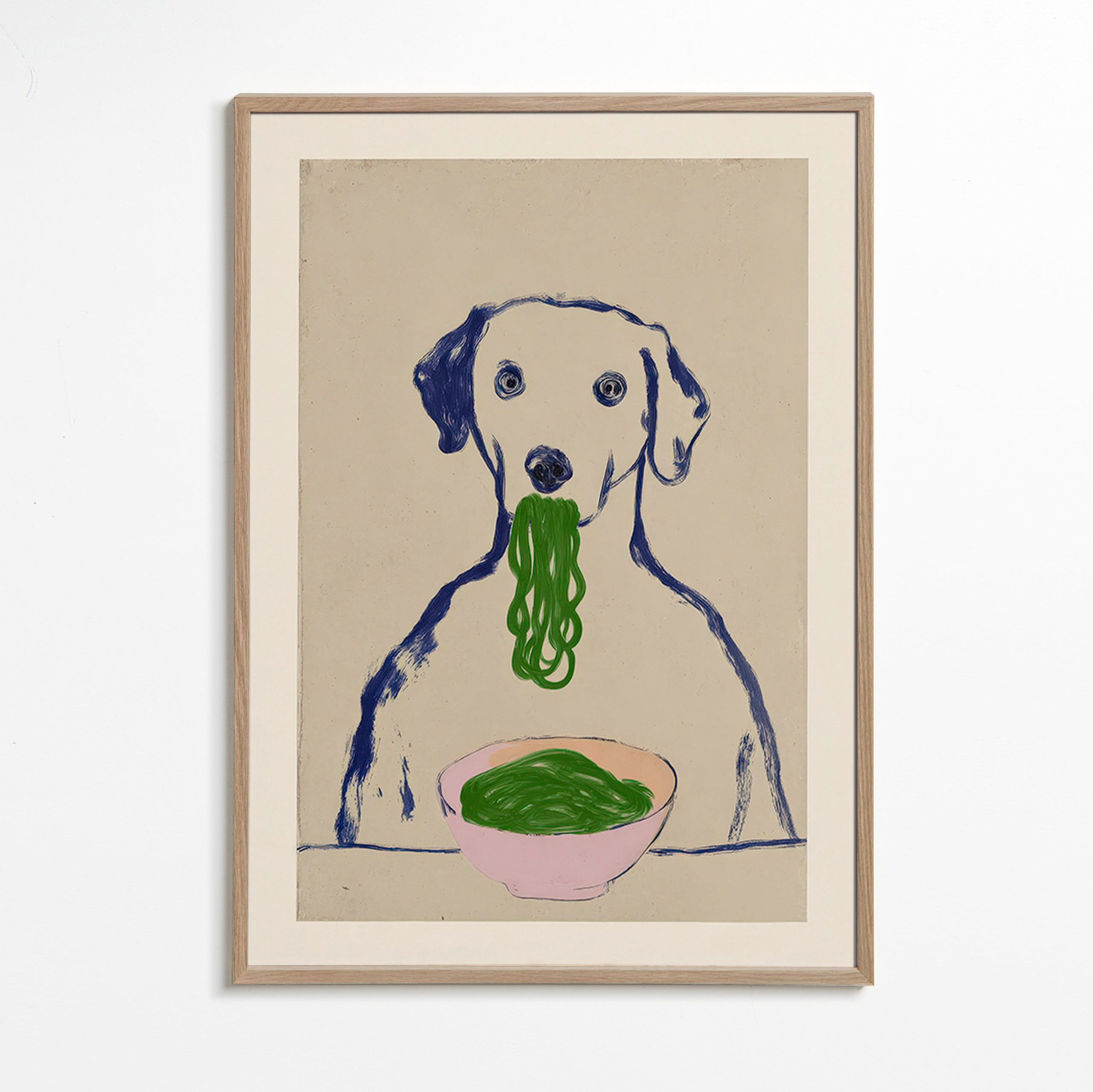 Kitchen art: dog with noodles