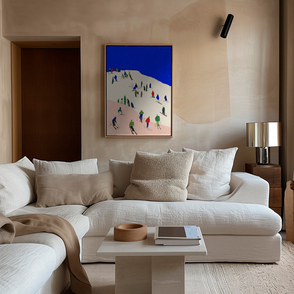 Landscape art: skiers on a blue slope