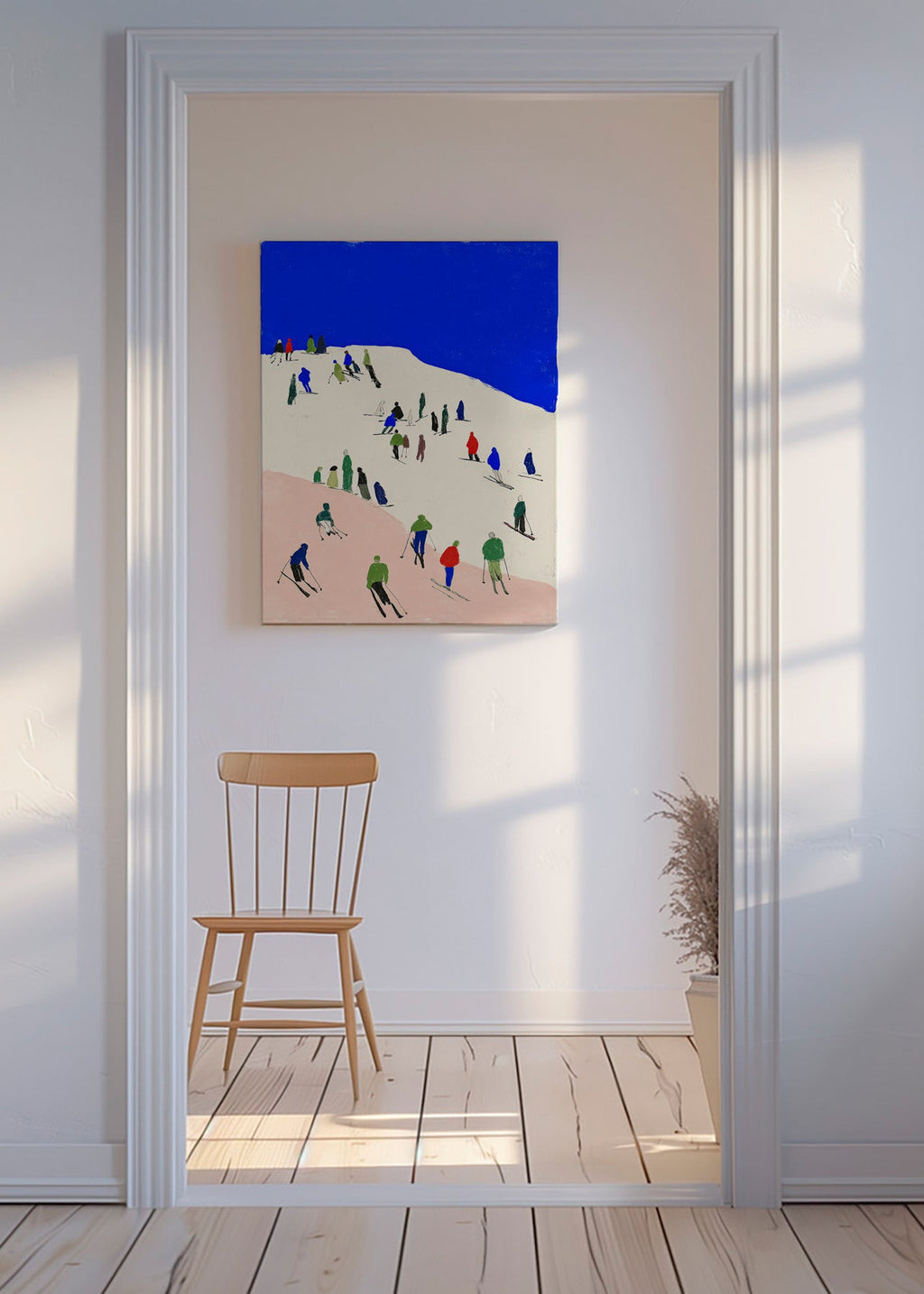 Landscape art: skiers on a blue slope