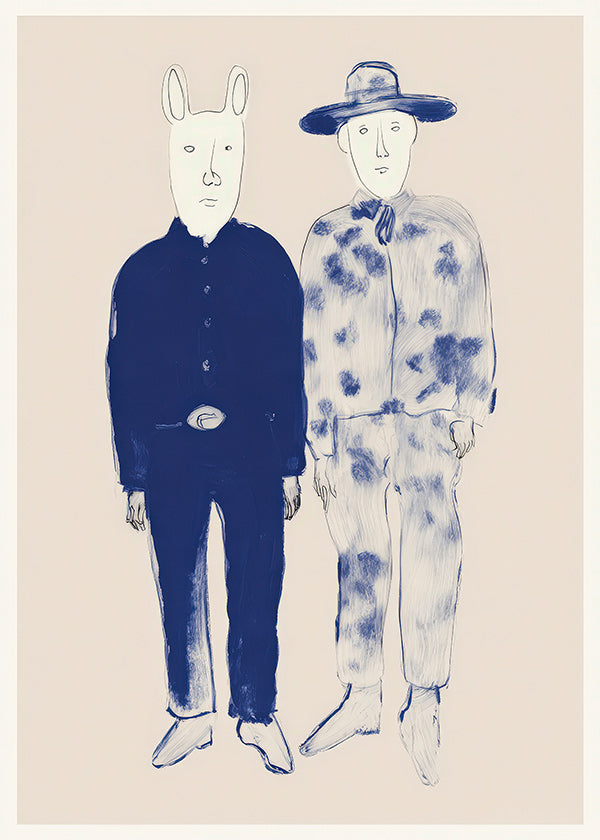 Two-figure illustration with rabbit in blue ink