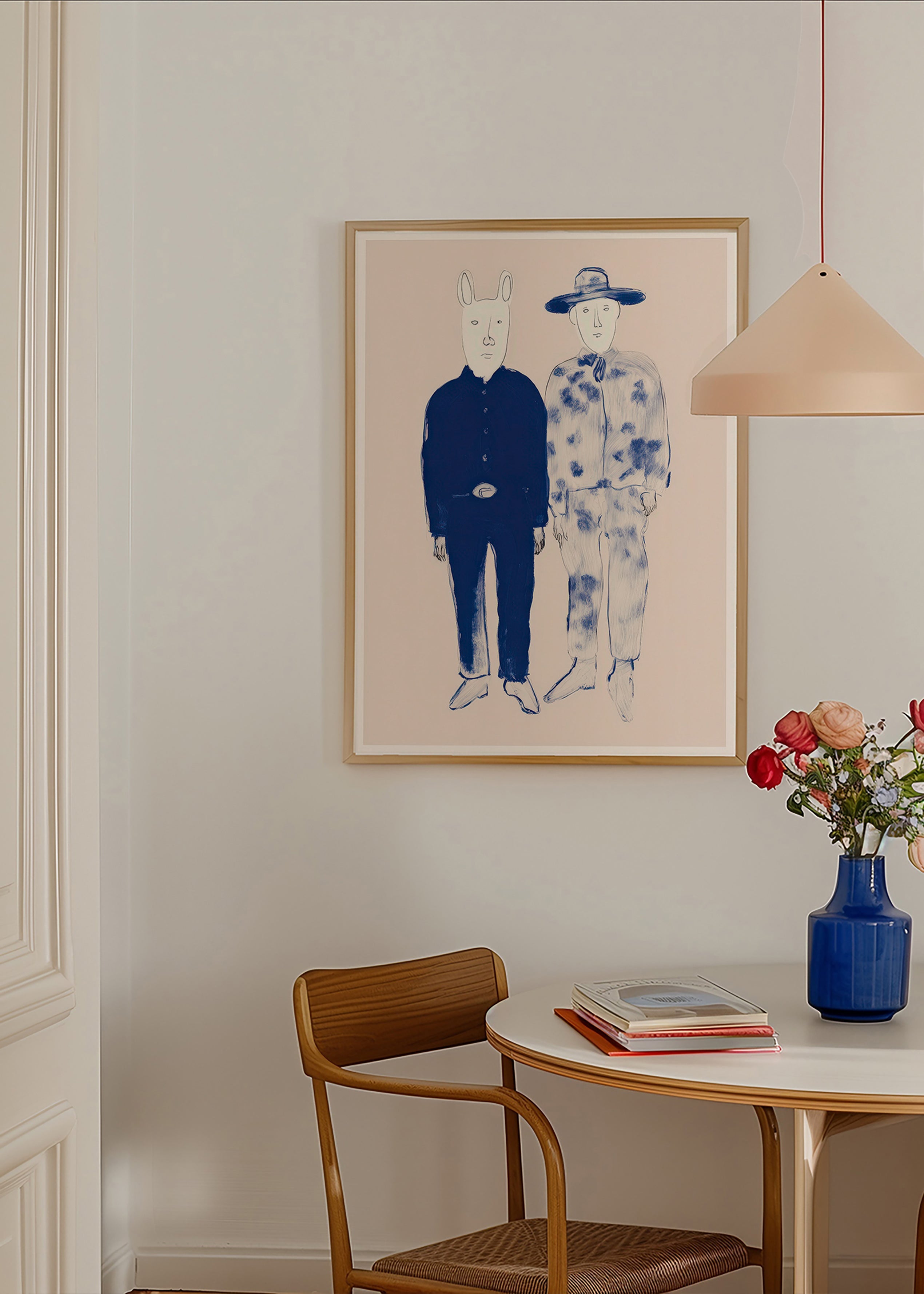 Two-figure illustration with rabbit in blue ink