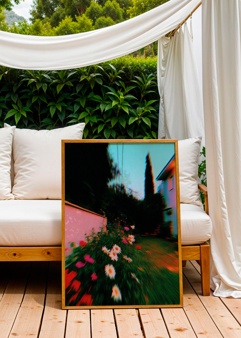 Botanical print: blurred garden with daisies
