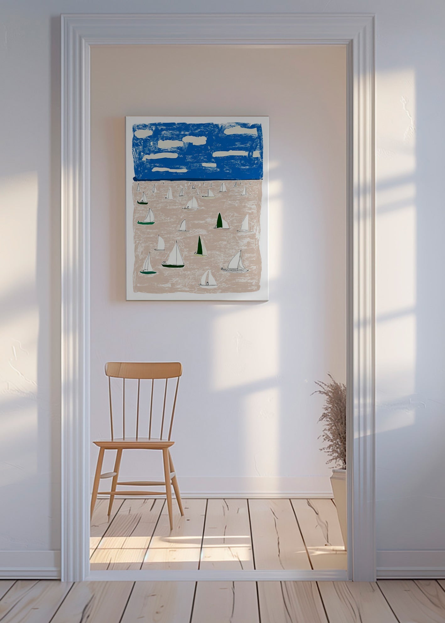 Landscape art with sailboats