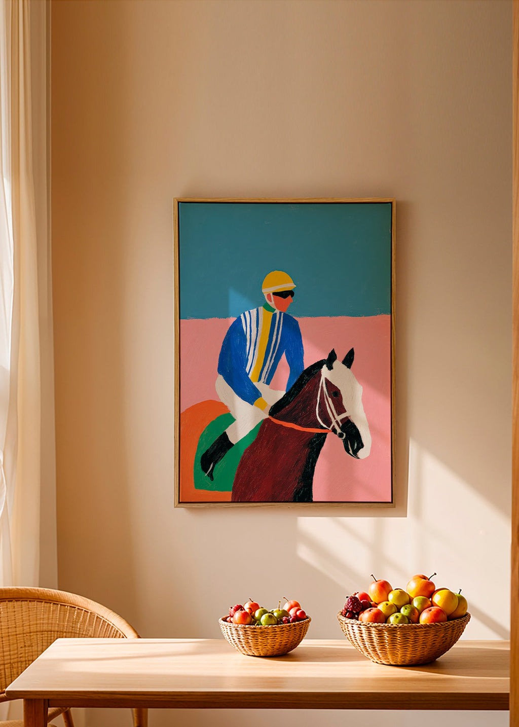 Cuadro deportivo con jockey y caballo en colores planos – Canvas2
