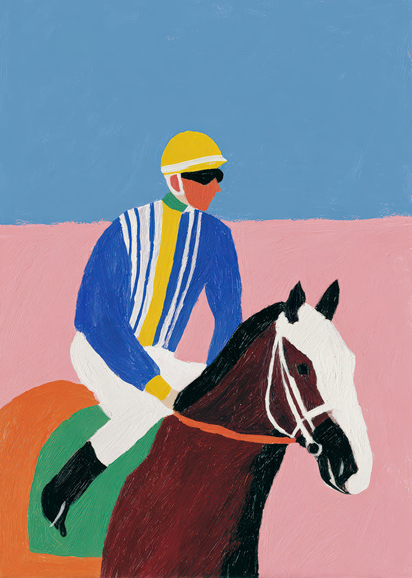 Cuadro deportivo con jockey y caballo en colores planos