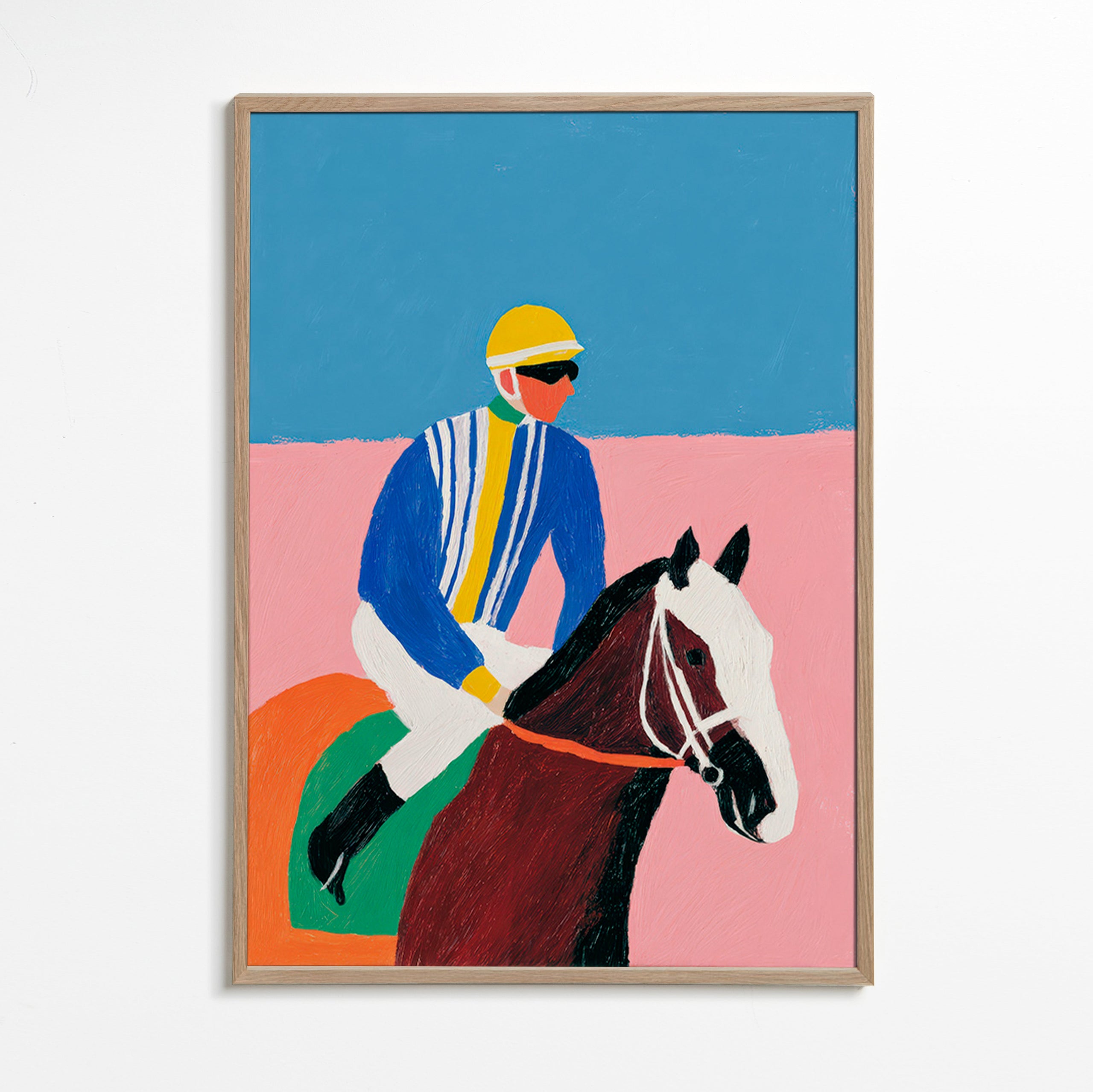 Cuadro deportivo con jockey y caballo en colores planos – Oak Frame