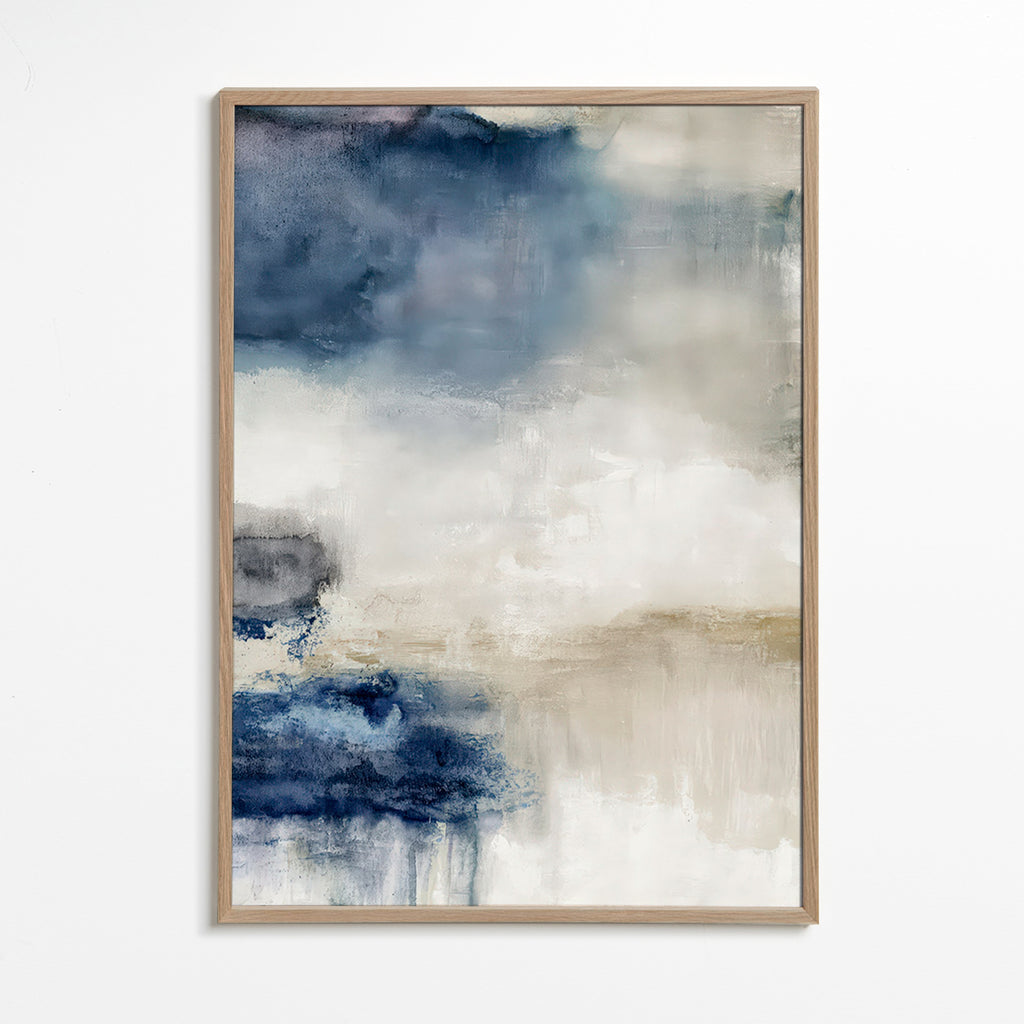 Cuadro abstracto en azul y beige – Oak Frame