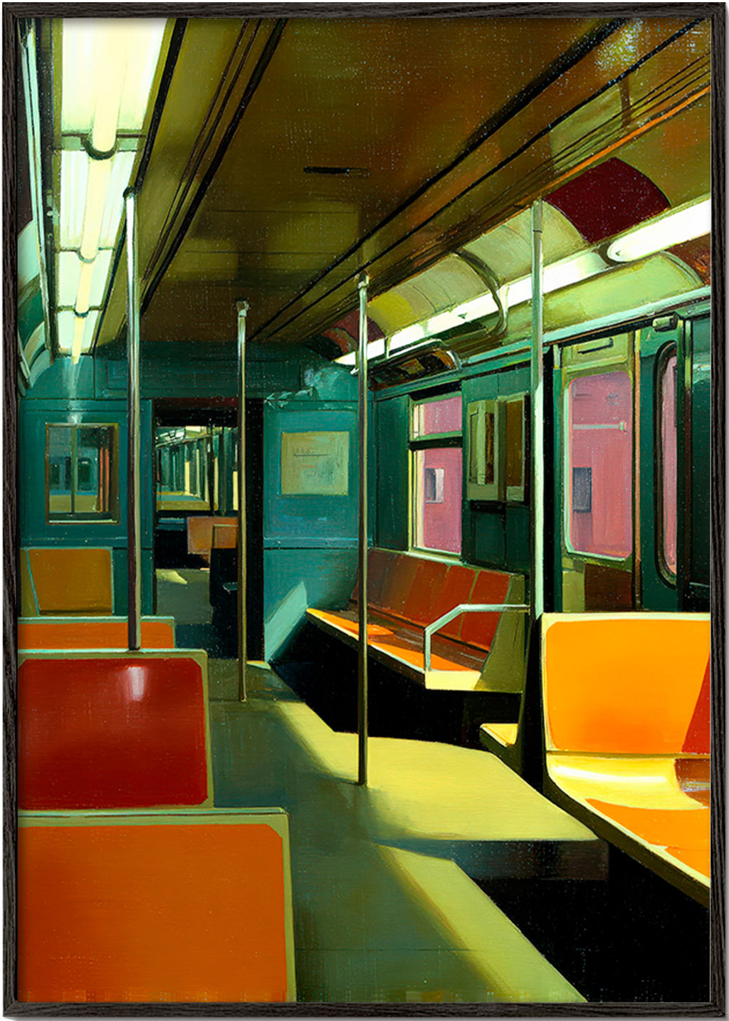 Cuadro de ciudades con vagón de metro iluminado – Black Frame