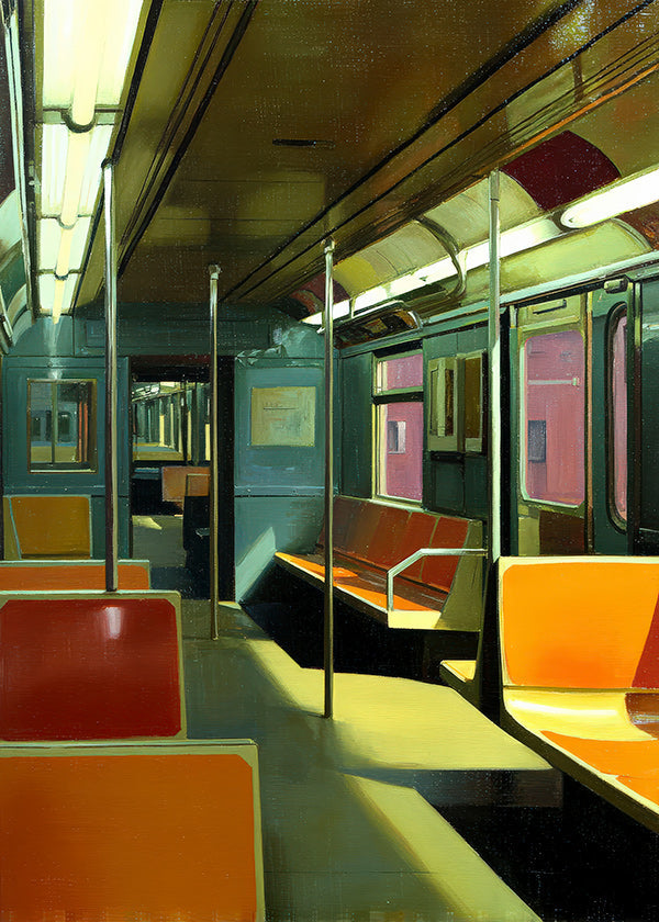 Cuadro de ciudades con vagón de metro iluminado