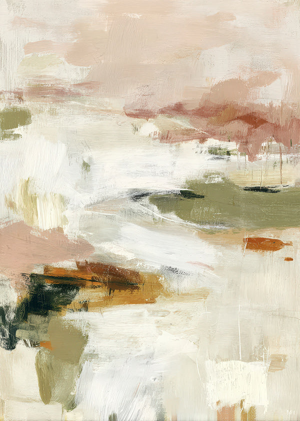 Cuadro abstracto con horizonte suave y pinceladas orgánicas