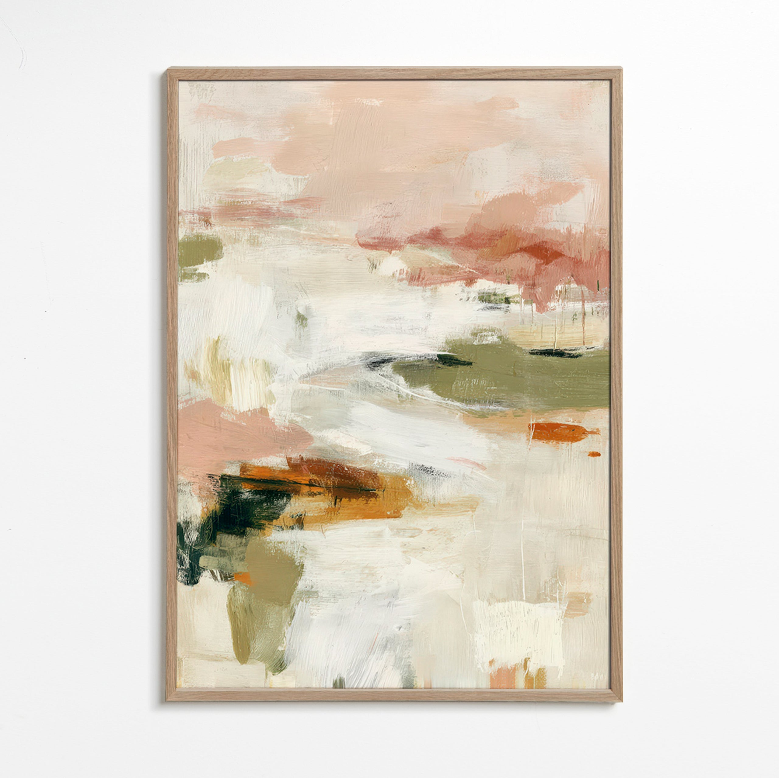 Cuadro abstracto con horizonte suave y pinceladas orgánicas – Oak Frame