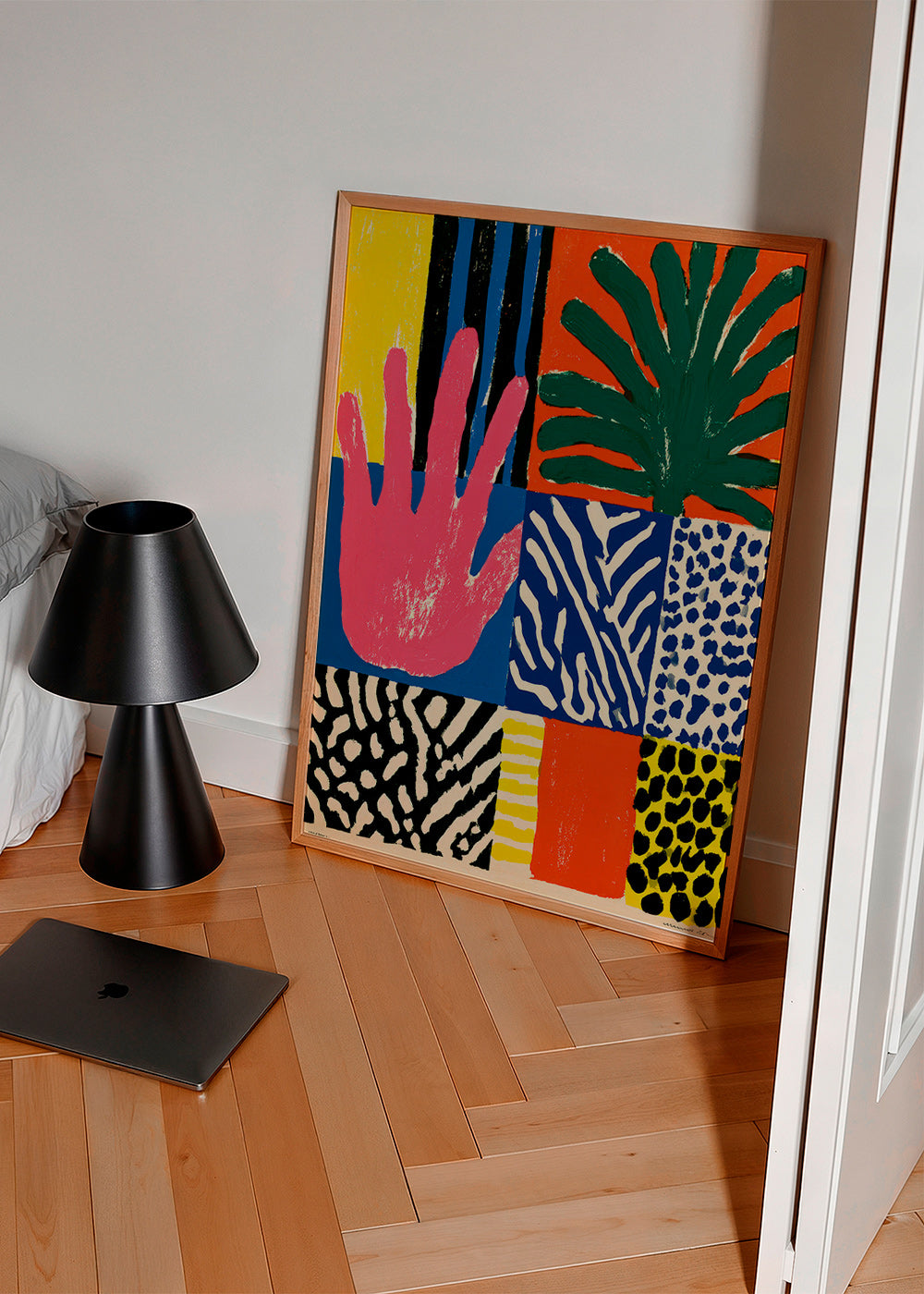 Botanical print with graphic hand motif