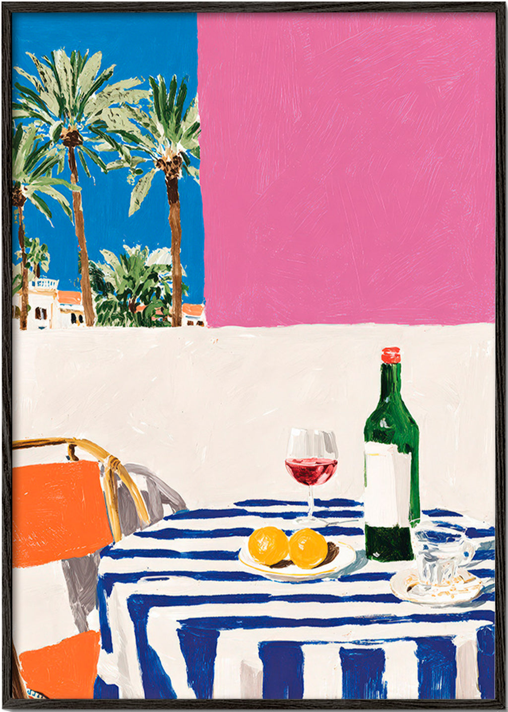 Kitchen art with striped table, wine and palms