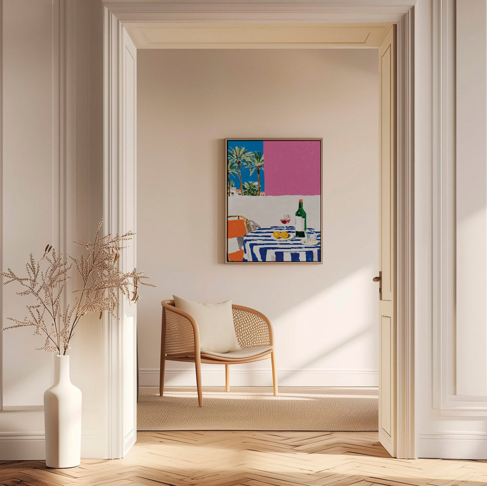 Kitchen art with striped table, wine and palms