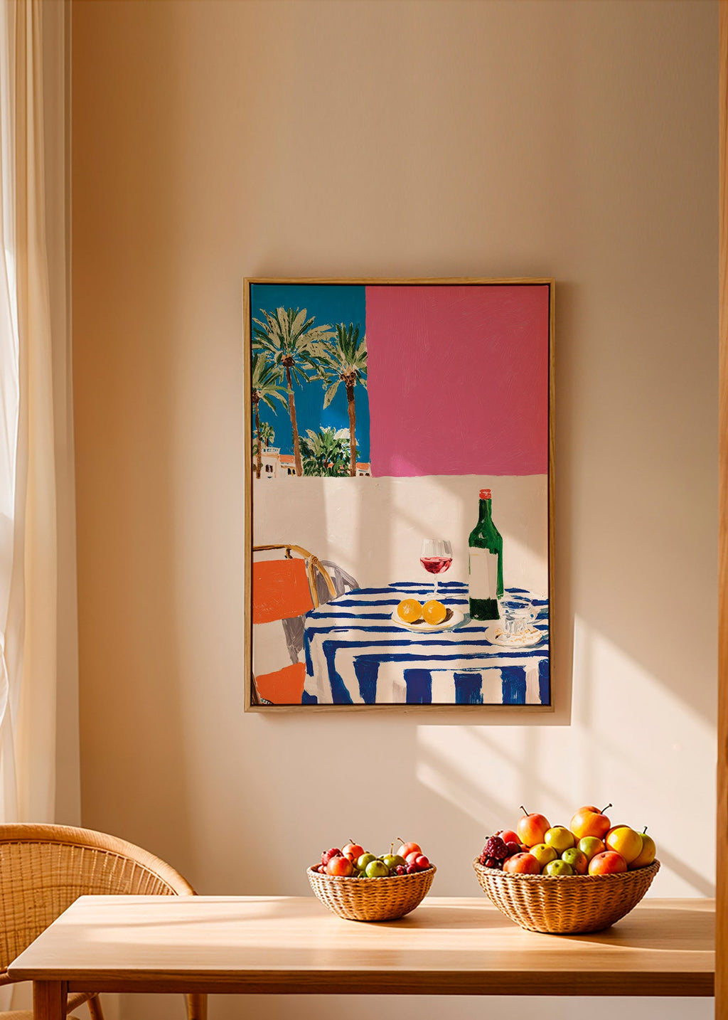 Kitchen art with striped table, wine and palms