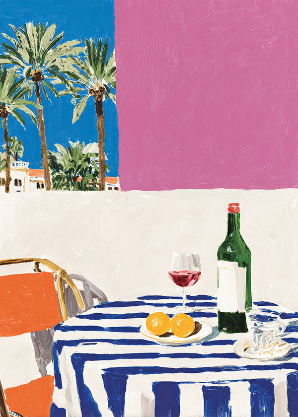 Kitchen art with striped table, wine and palms