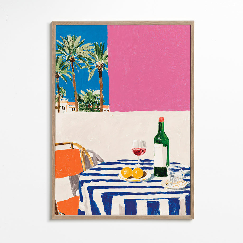 Kitchen art with striped table, wine and palms