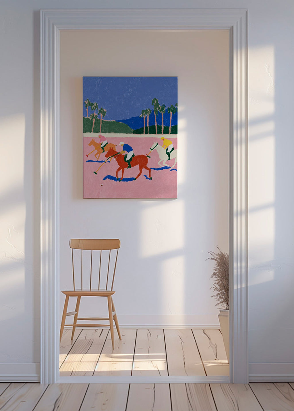 Cuadro deportivo con escena de polo en rosa – Canvas