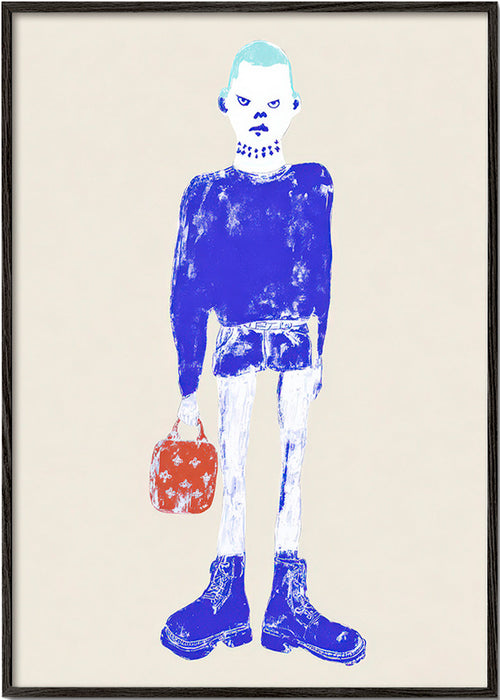 Ilustración de figura azul con maleta – Black Frame