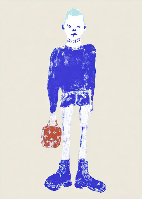 Ilustración de figura azul con maleta
