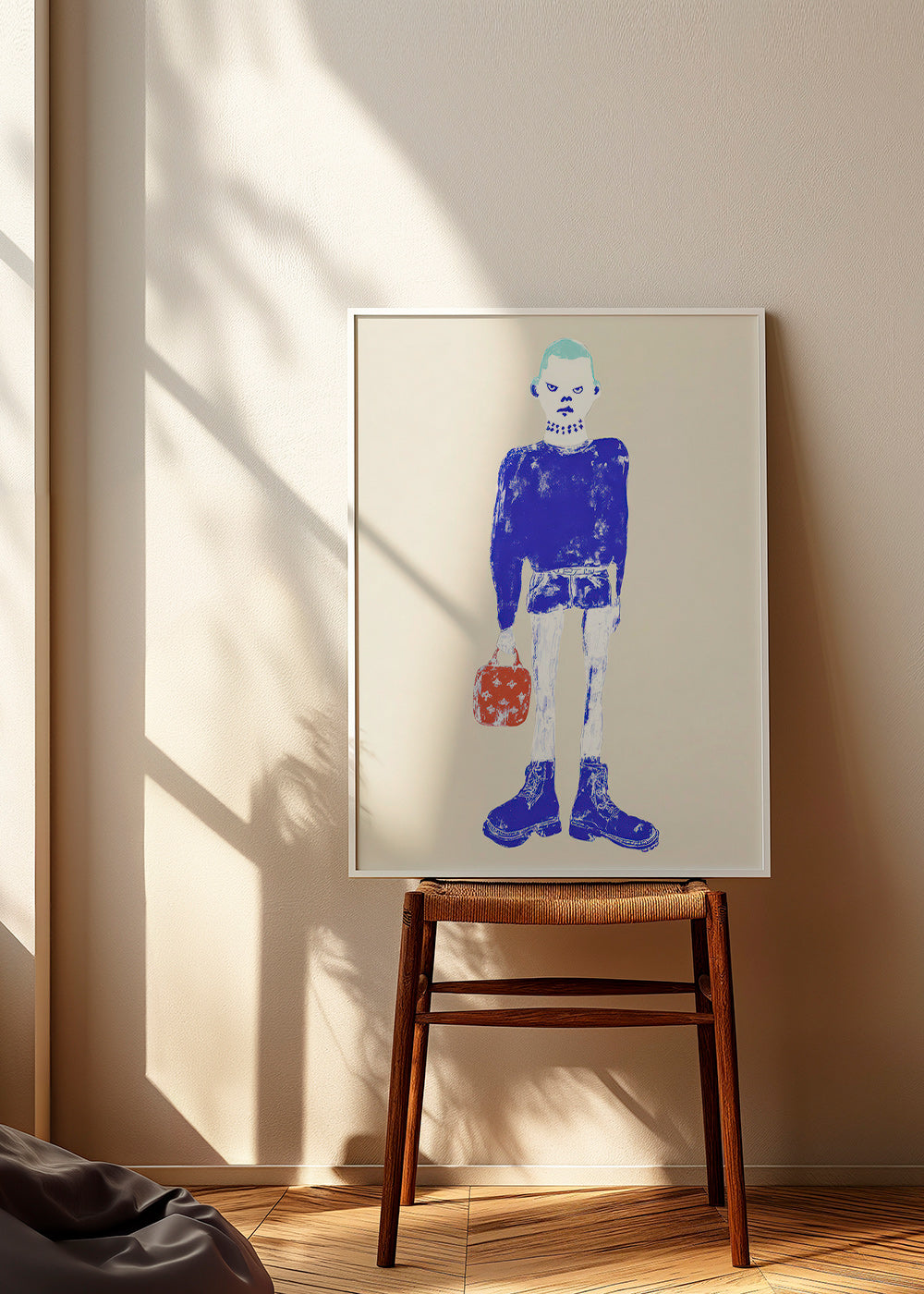 Ilustración de figura azul con maleta – Product1