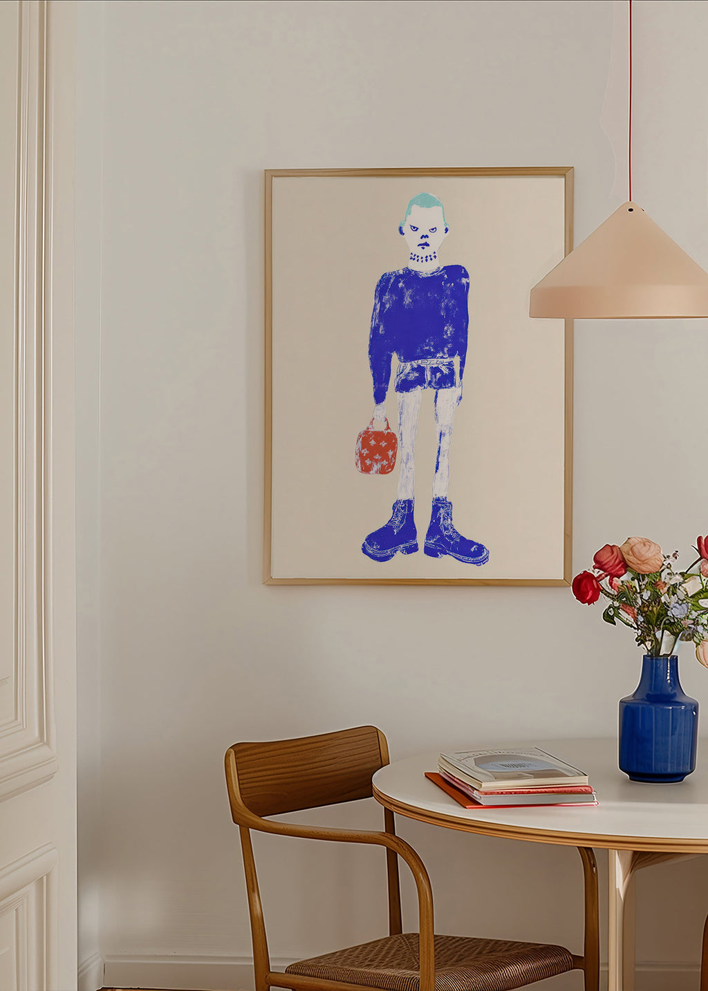 Ilustración de figura azul con maleta – Product3