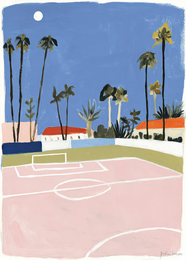 Cuadro deportivo con campo y palmeras