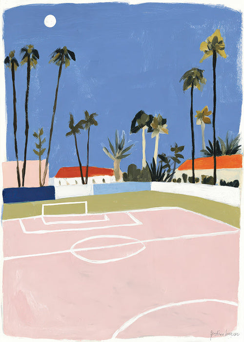 Sports art: pitch framed by palms