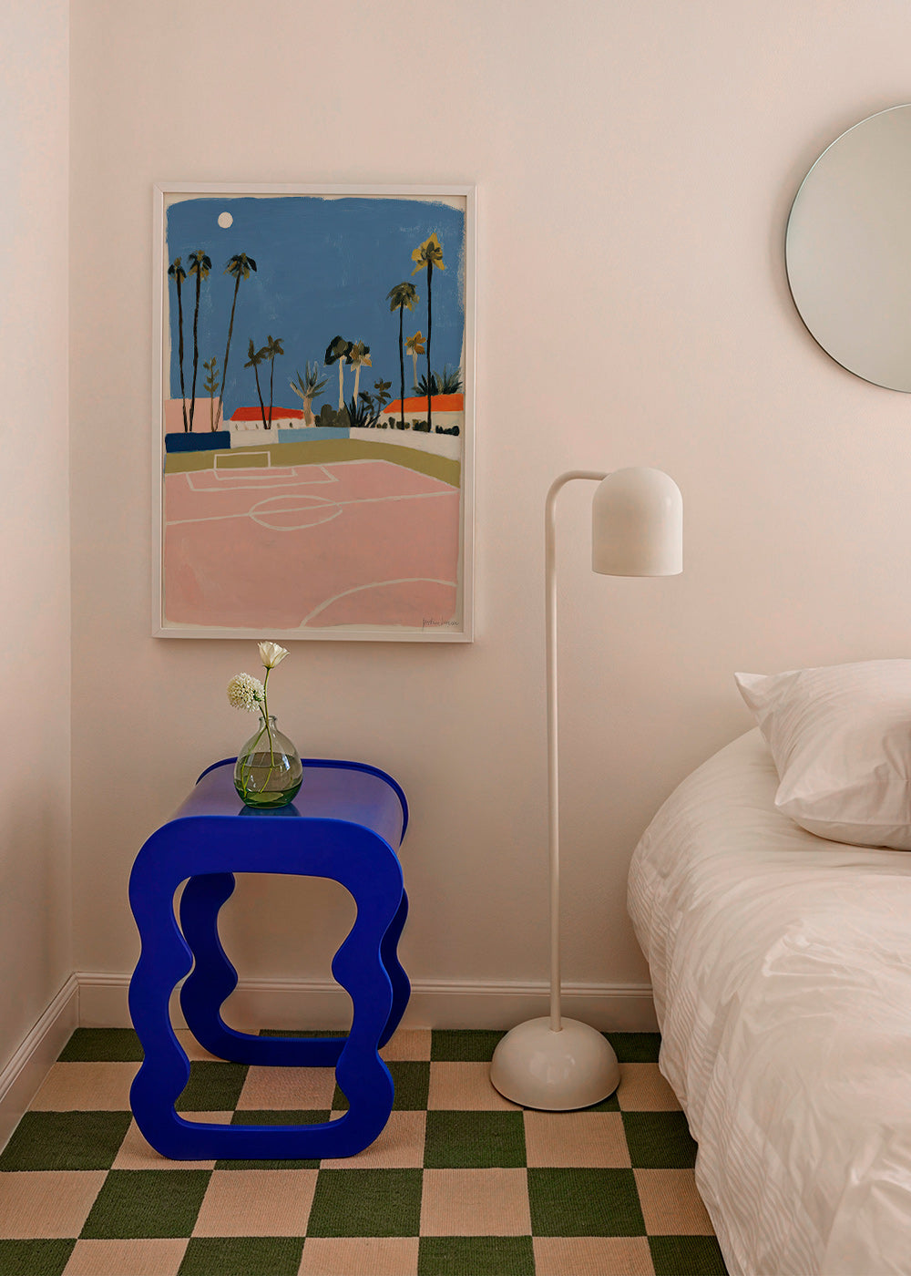 Sports art: pitch framed by palms