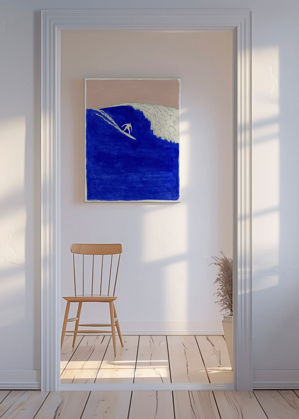 Surf art: surfer on an intense blue wave