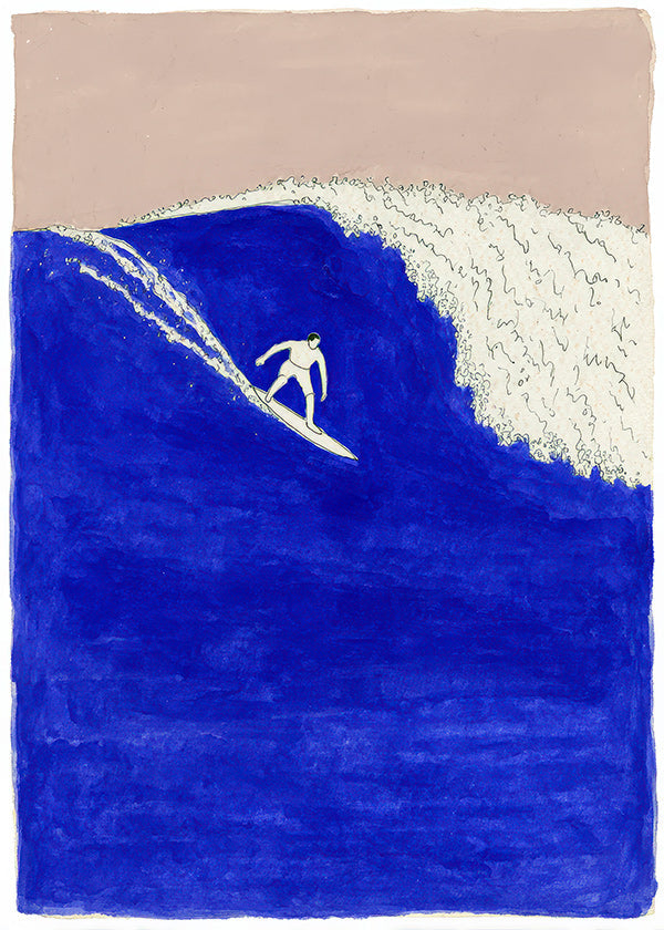Surf art: surfer on an intense blue wave