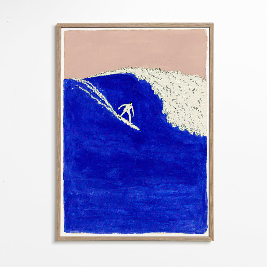 Surf art: surfer on an intense blue wave