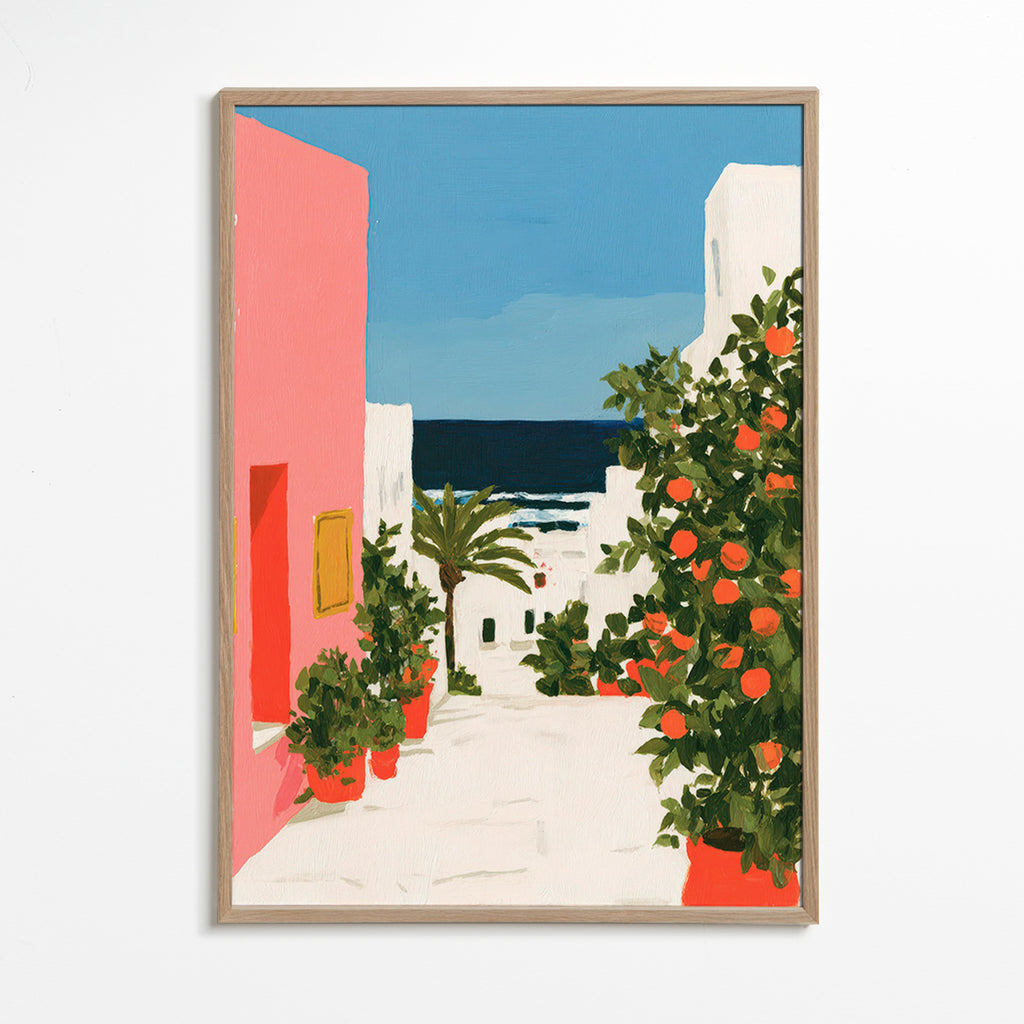 Landscape art: coastal alley with orange trees