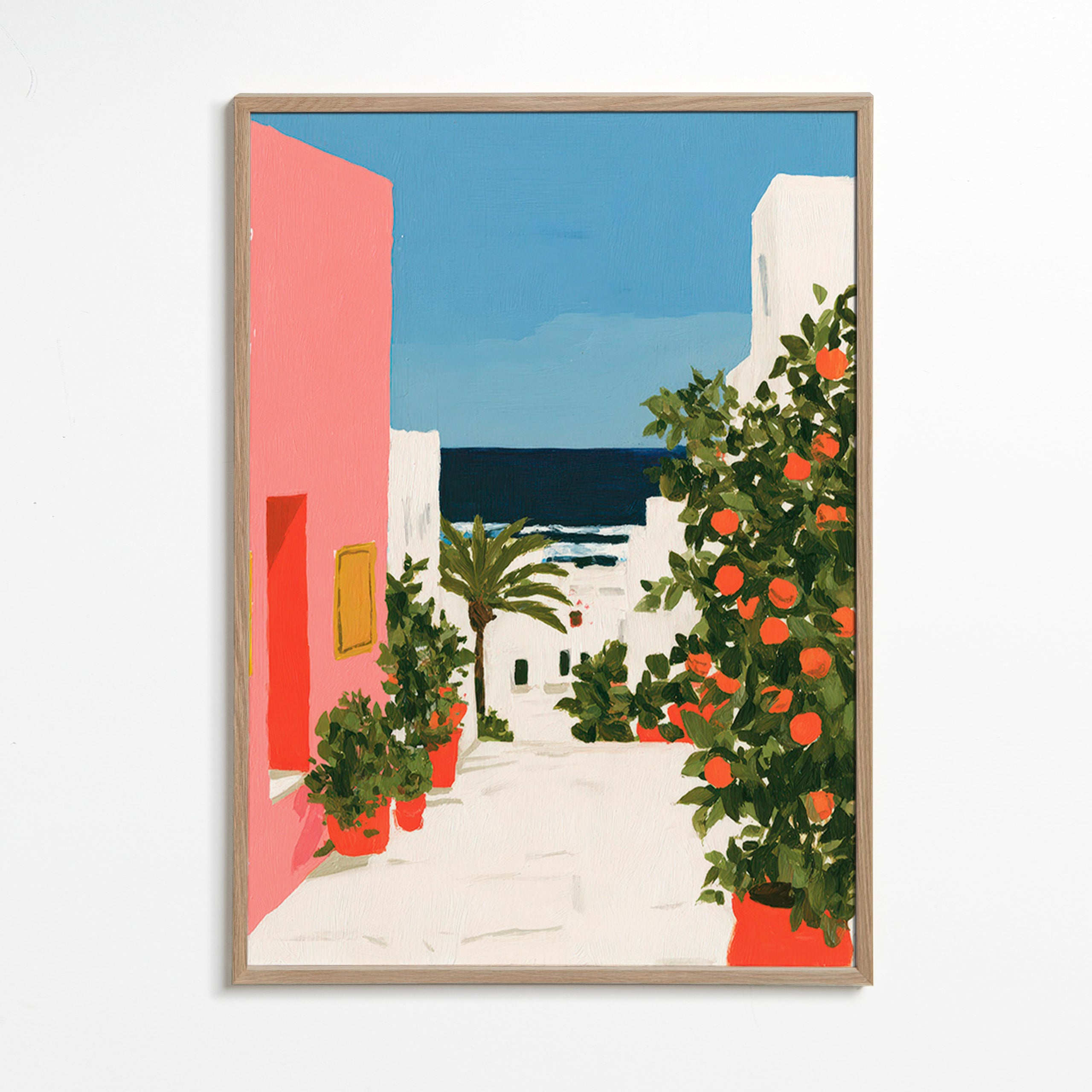 Landscape art: coastal alley with orange trees