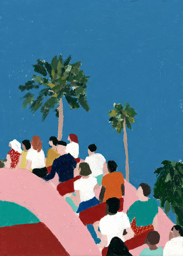 Illustration of a crowd on a ride with palms