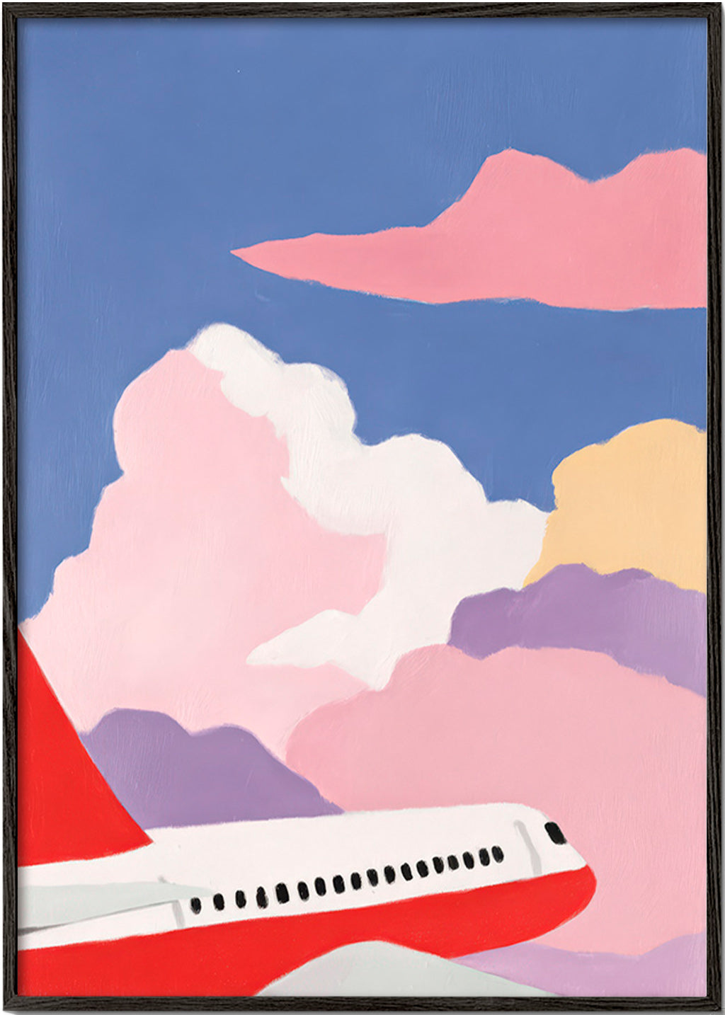 Illustration of airplane over pink clouds