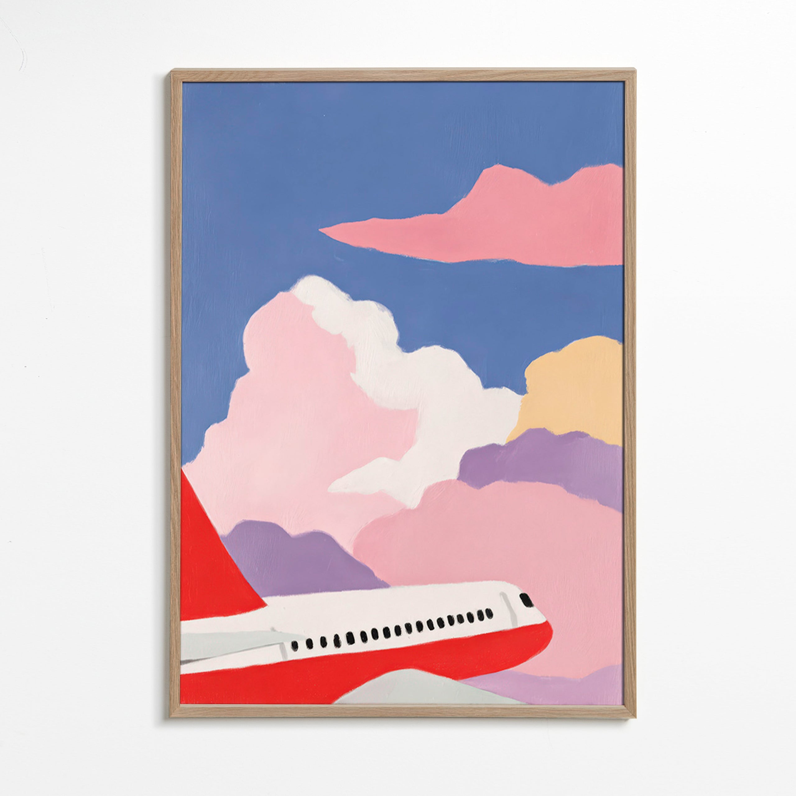 Illustration of airplane over pink clouds