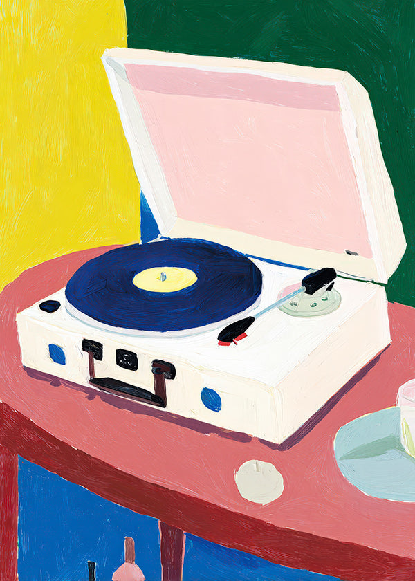 Ilustración: tocadiscos retro sobre mesa rosa